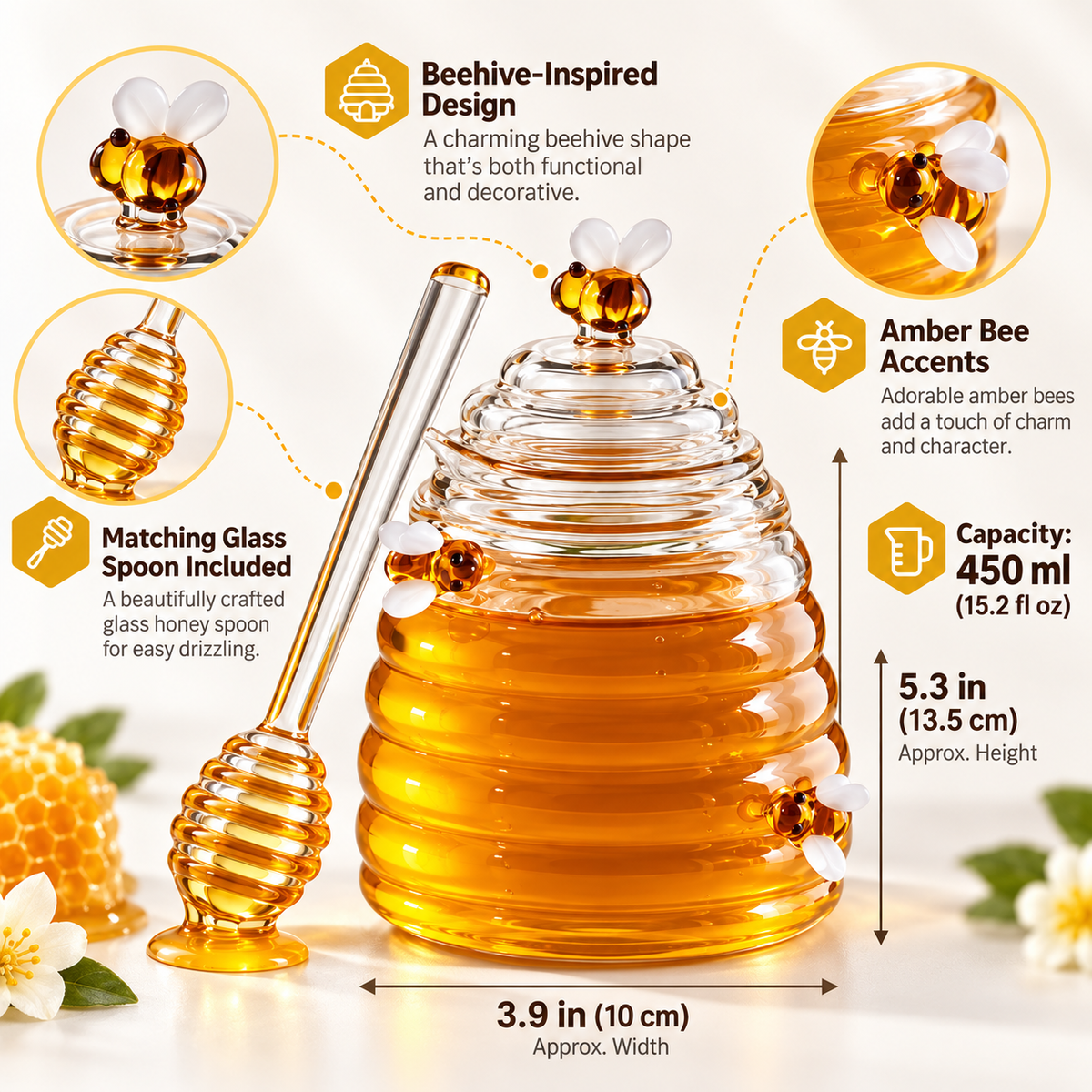 Tarro de Miel de Vidrio Estilo Colmena con Cuchara y Abejas