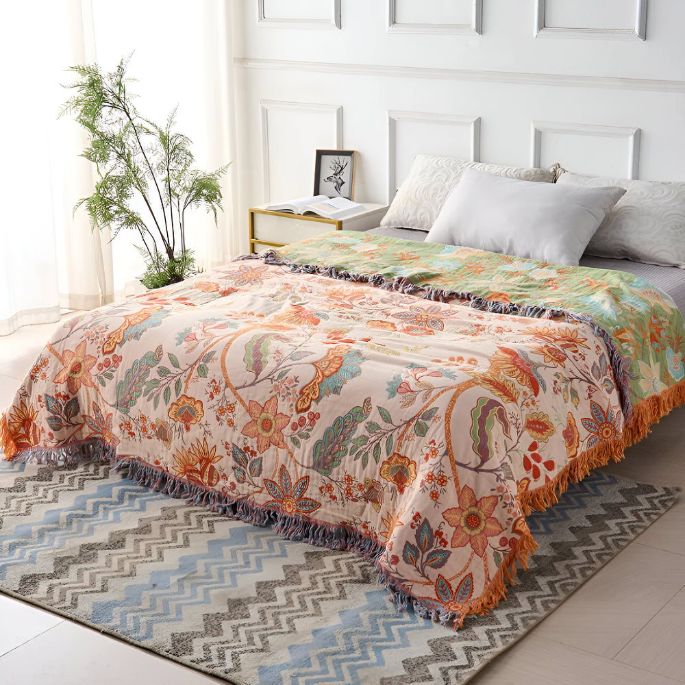 Manta Bohemia Floral con Flecos Decorativa para Sofá y Cama