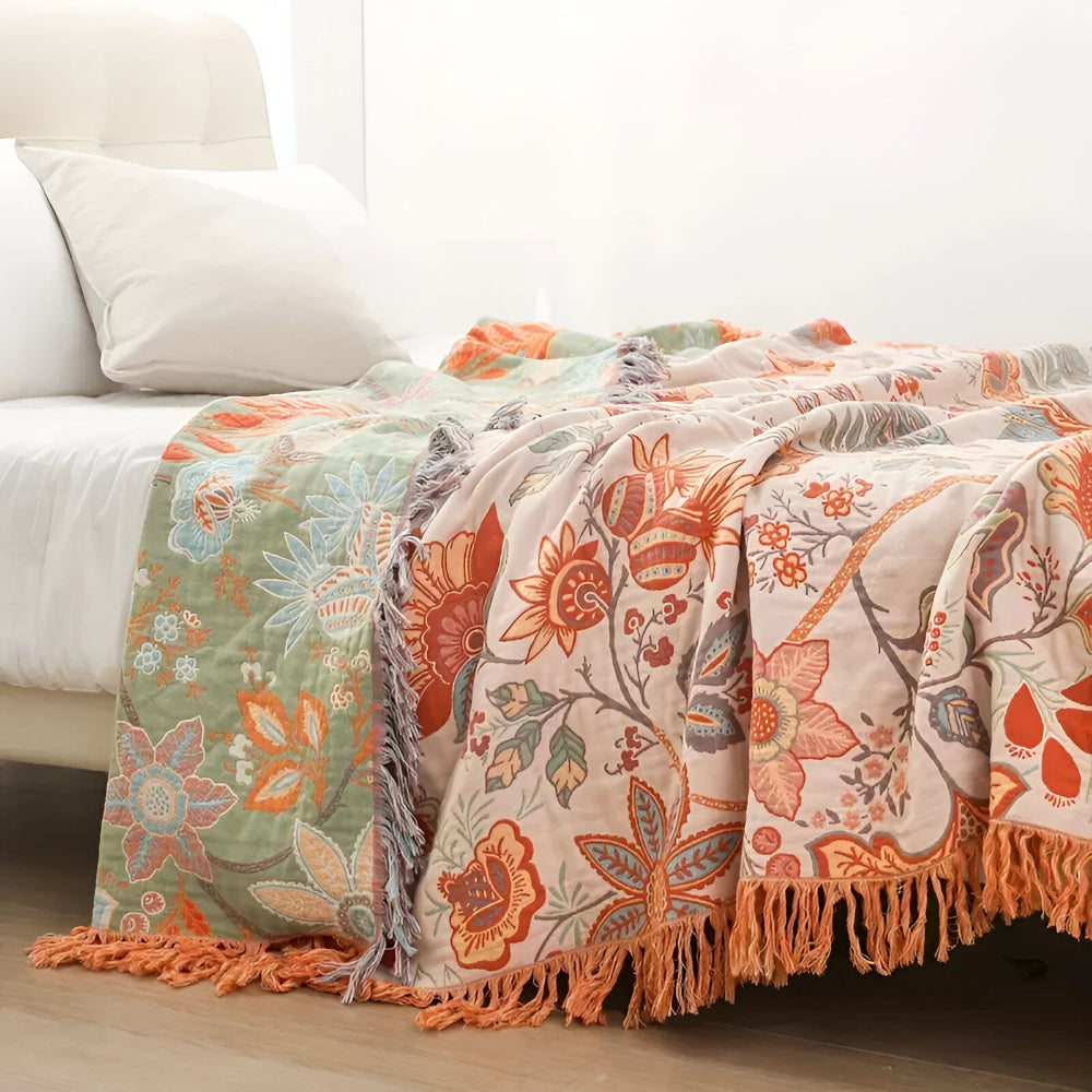 Manta Bohemia Floral con Flecos Decorativa para Sofá y Cama