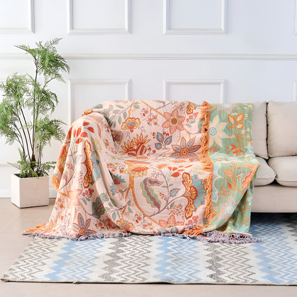 Manta Bohemia Floral con Flecos Decorativa para Sofá y Cama