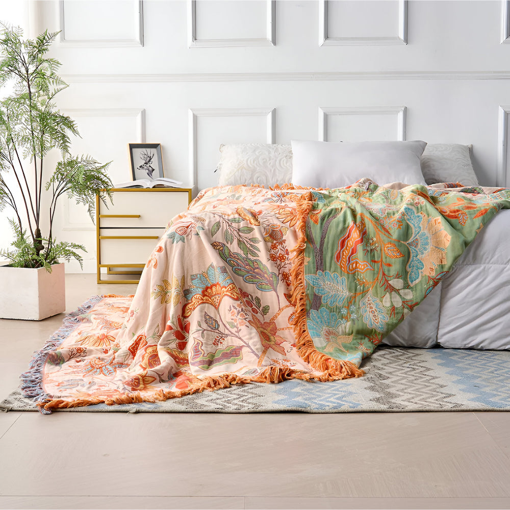 Manta Bohemia Floral con Flecos Decorativa para Sofá y Cama