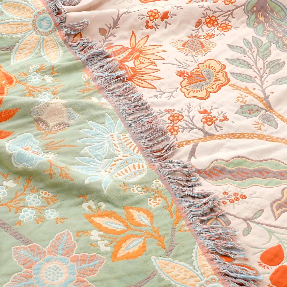 Manta Bohemia Floral con Flecos Decorativa para Sofá y Cama