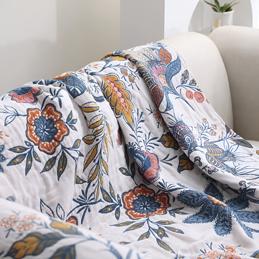 Manta Reversible Floral con Borlas Decorativa para Sofá