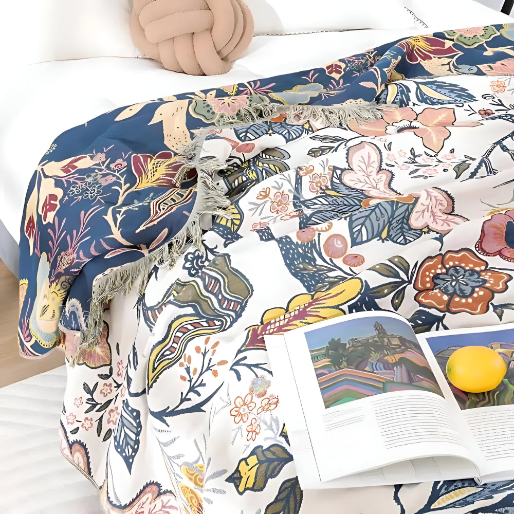 Manta Reversible Floral con Borlas Decorativa para Sofá