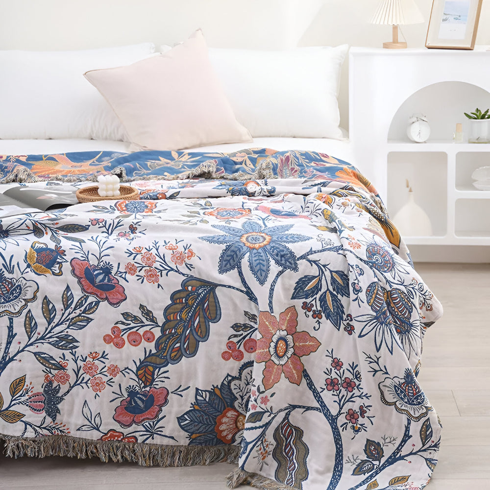 Manta Reversible Floral con Borlas Decorativa para Sofá