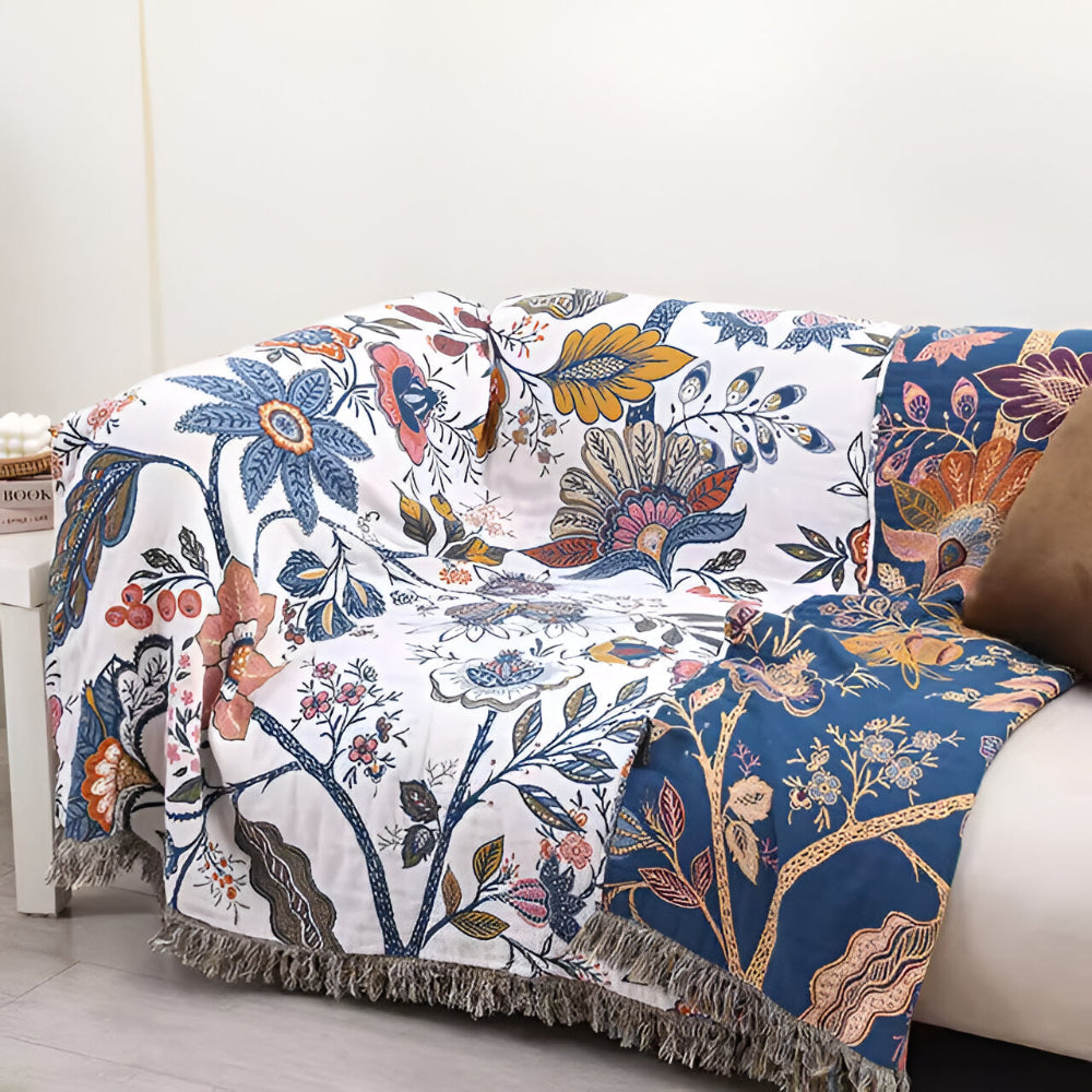 Manta Reversible Floral con Borlas Decorativa para Sofá