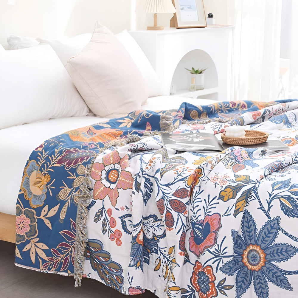 Manta Reversible Floral con Borlas Decorativa para Sofá