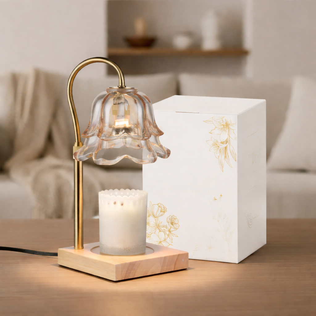 Lámpara Calentador de Velas con Flor de Vidrio Dorado
