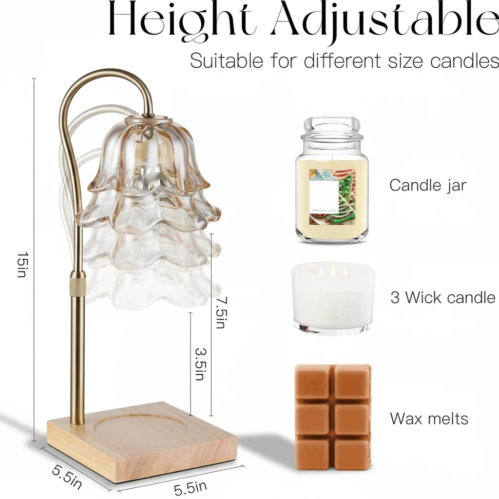 Lámpara Calentador de Velas con Flor de Vidrio Dorado