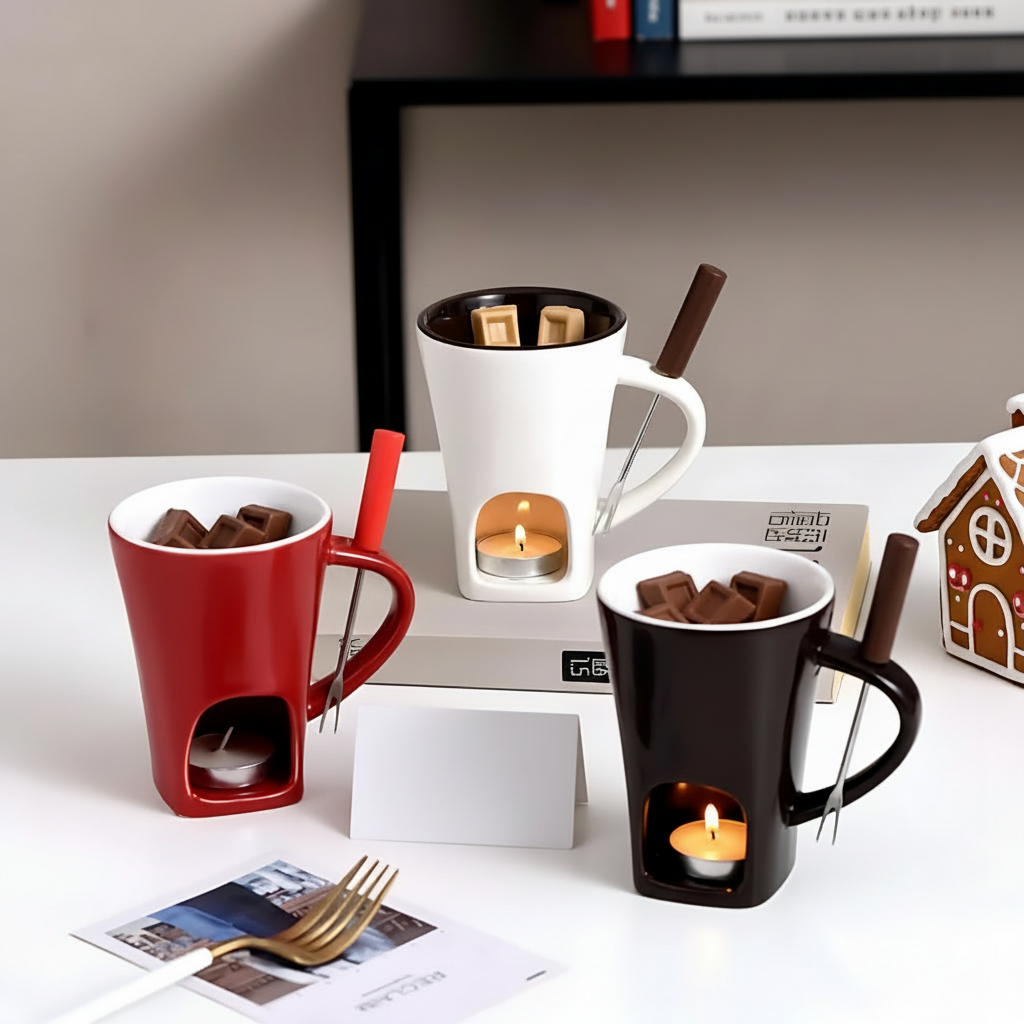 Juego de Fondue de Cerámica con Vela para Chocolate y Queso