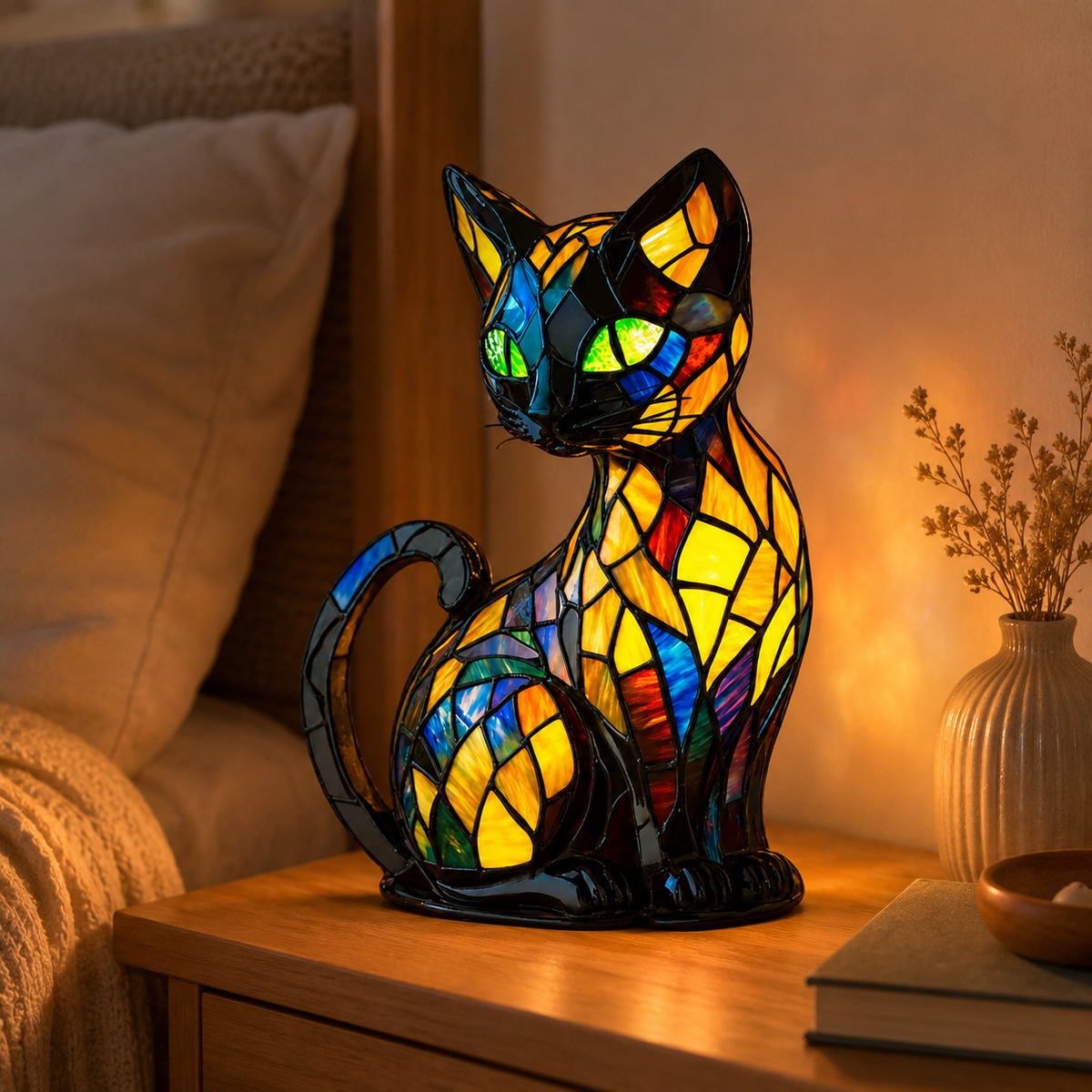 Lámpara de Noche de Gato de Vitral con Base Curva Decorativa