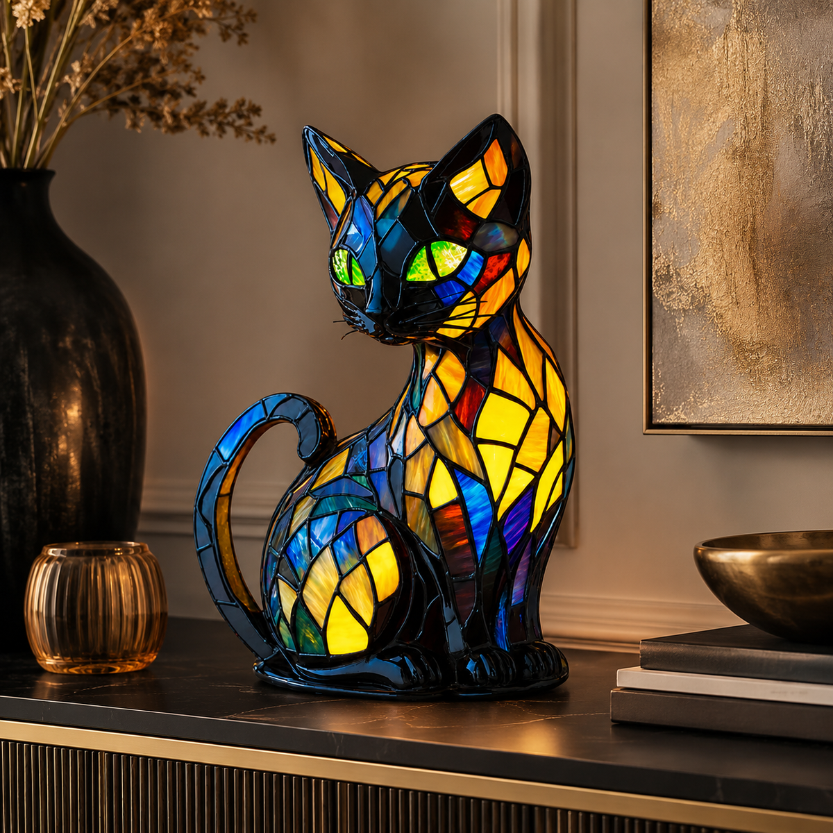 Lámpara de Noche de Gato de Vitral con Base Curva Decorativa