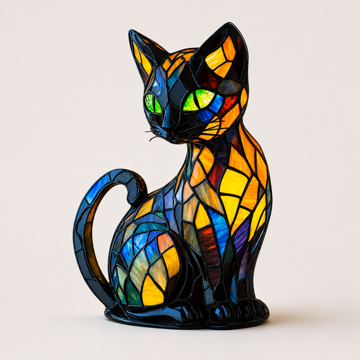 Lámpara de Noche de Gato de Vitral con Base Curva Decorativa