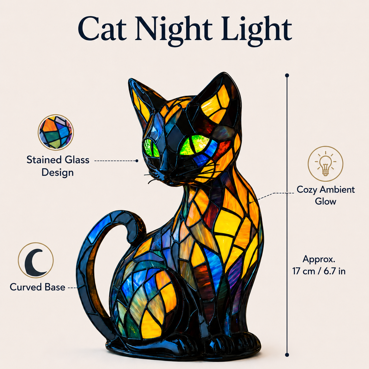 Lámpara de Noche de Gato de Vitral con Base Curva Decorativa