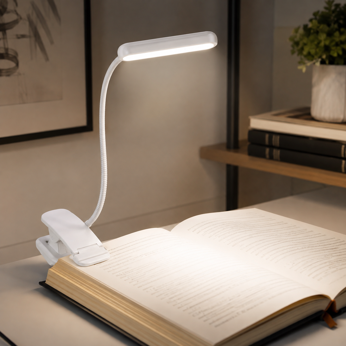 Luz de Lectura con Pinza LED Recargable USB, Cuello Flexible