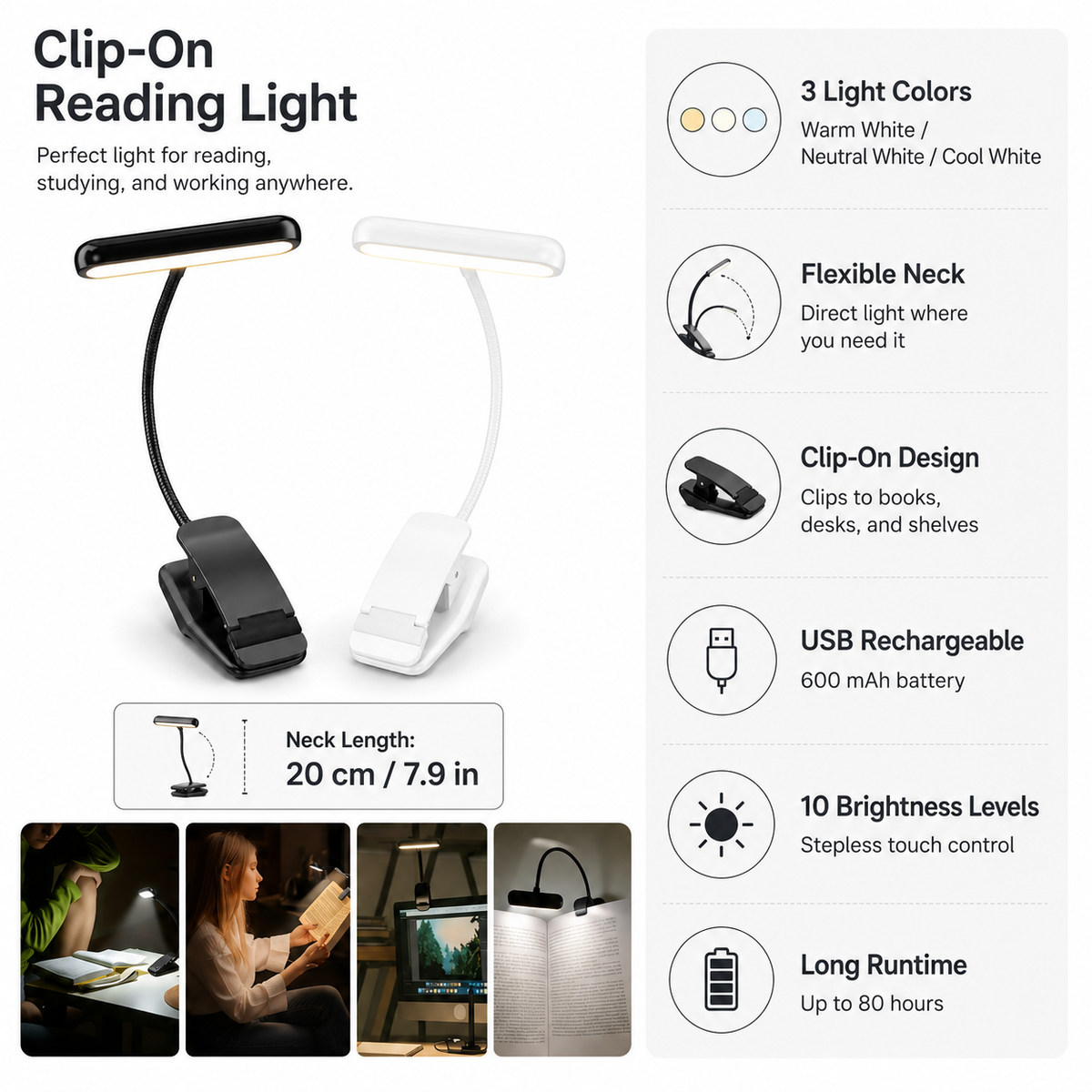 Luz de Lectura con Pinza LED Recargable USB, Cuello Flexible