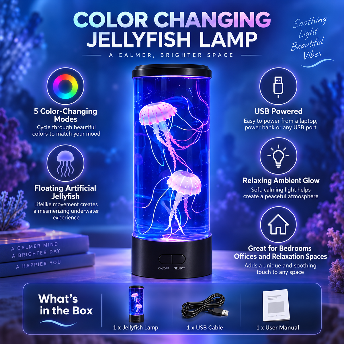 Lámpara de Medusas LED con Cambio de Color, USB, Relajante