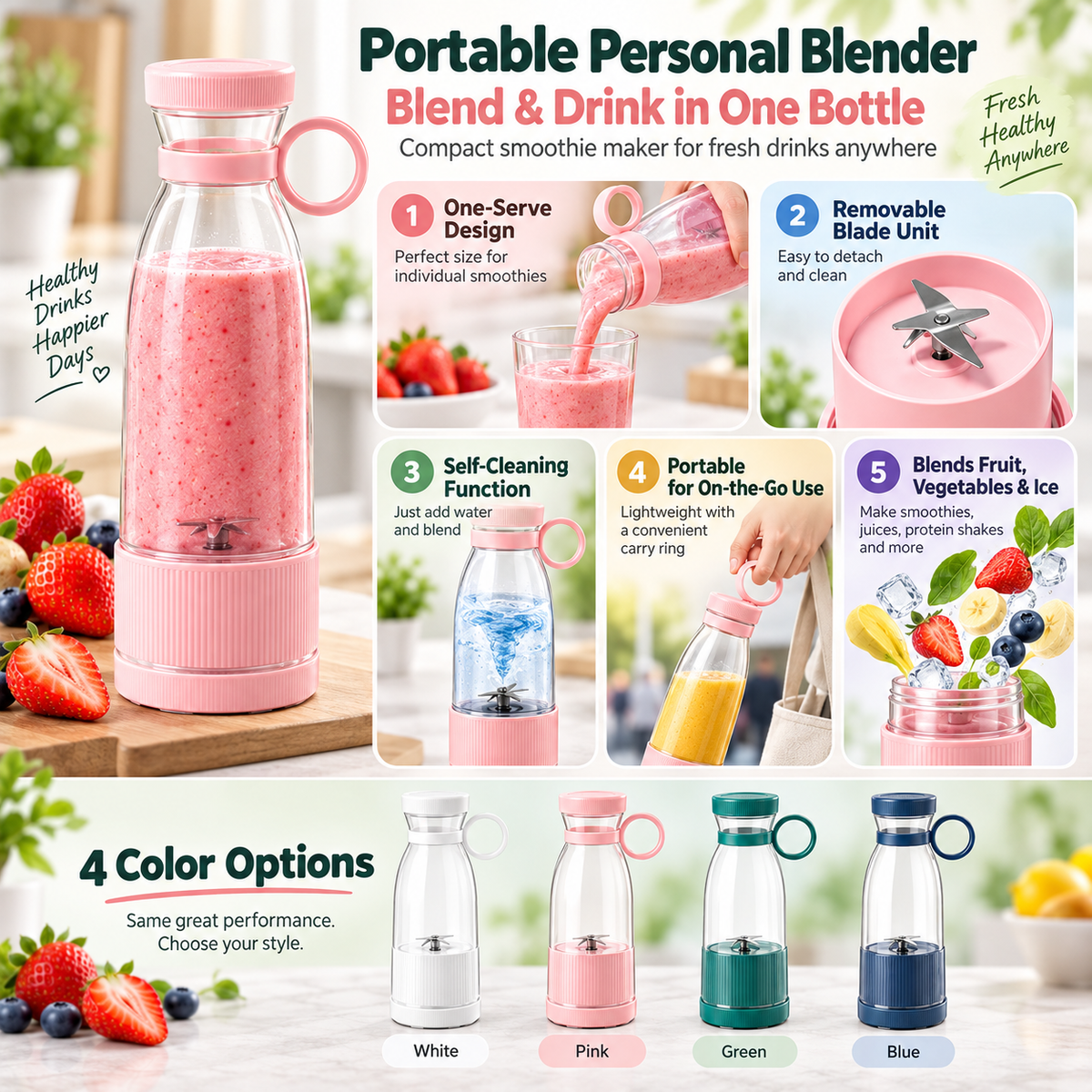 Batidora Personal Portátil Recargable, Batidos y Smoothies