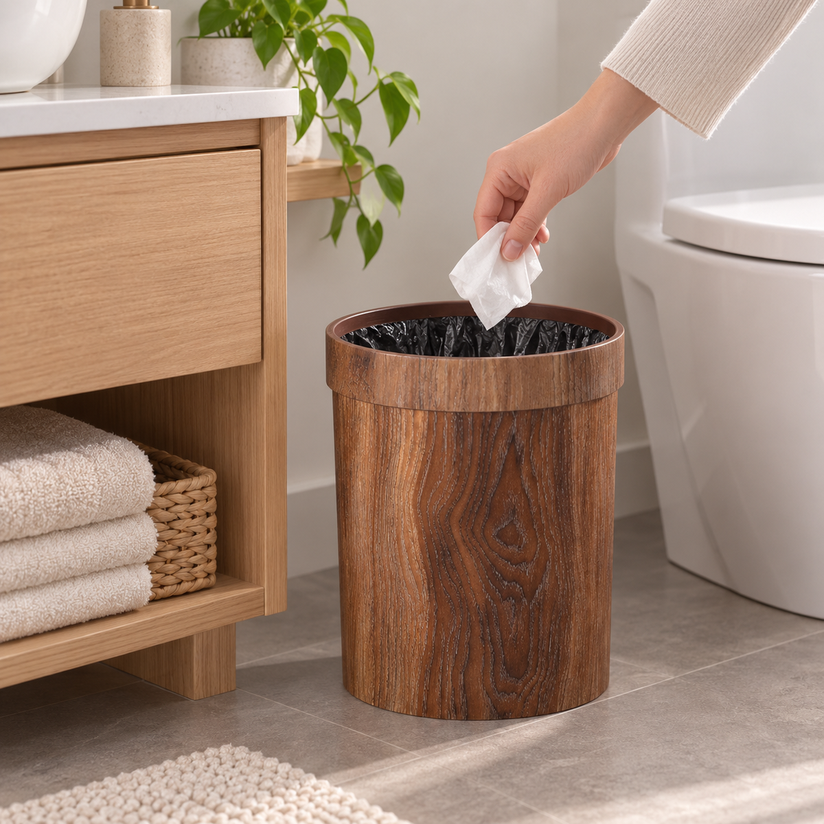 Cubo de Basura de Madera Compacto con Tapa, Estilo Minimal
