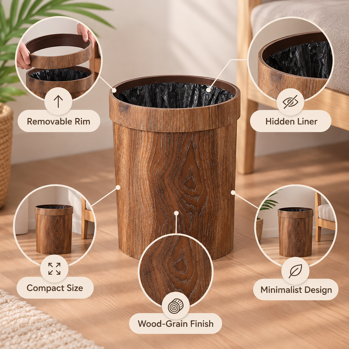 Cubo de Basura de Madera Compacto con Tapa, Estilo Minimal