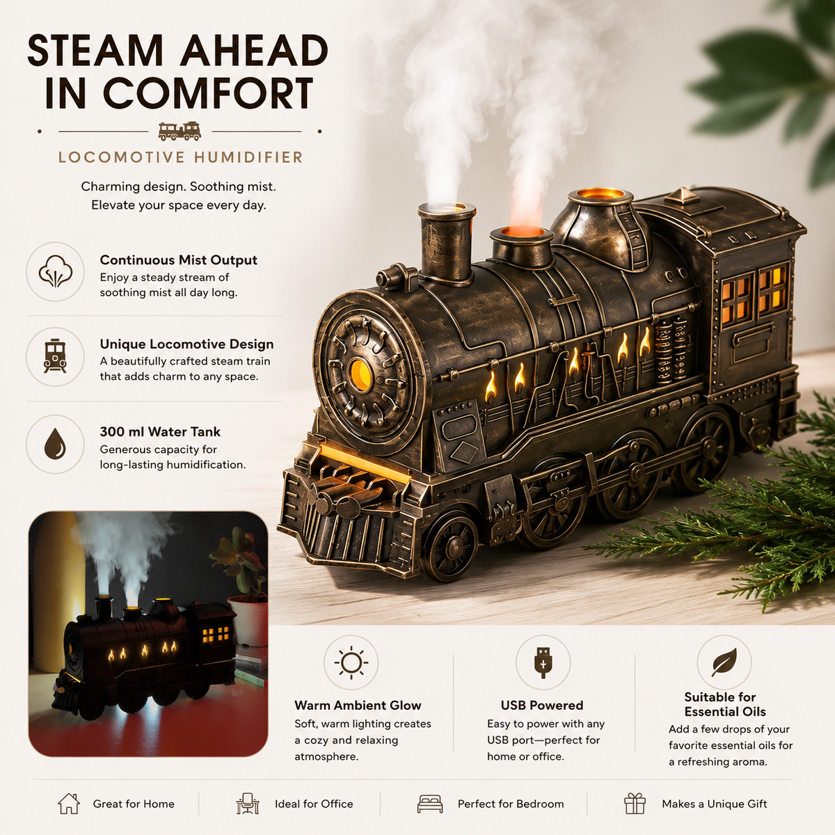 Humidificador Locomotora de Vapor Vintage con Bruma Continua