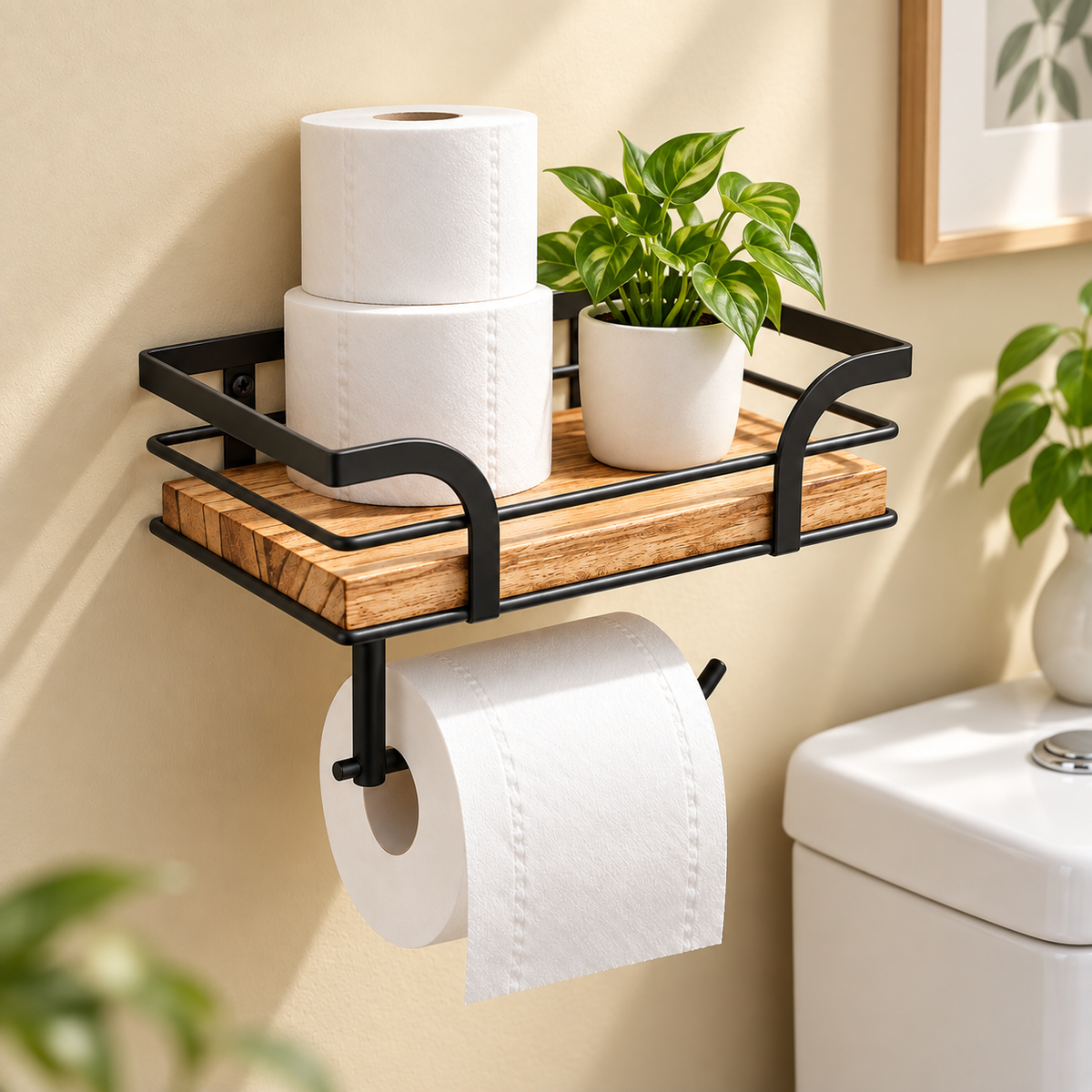 Estante de Baño de Pared de Hierro y Madera con Toallero