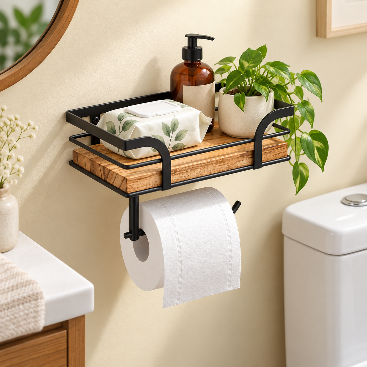 Estante de Baño de Pared de Hierro y Madera con Toallero