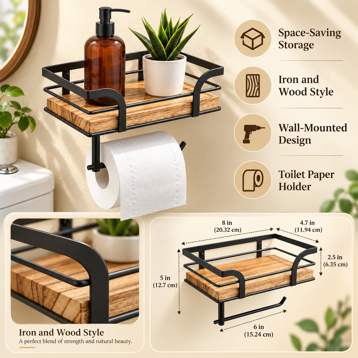 Estante de Baño de Pared de Hierro y Madera con Toallero