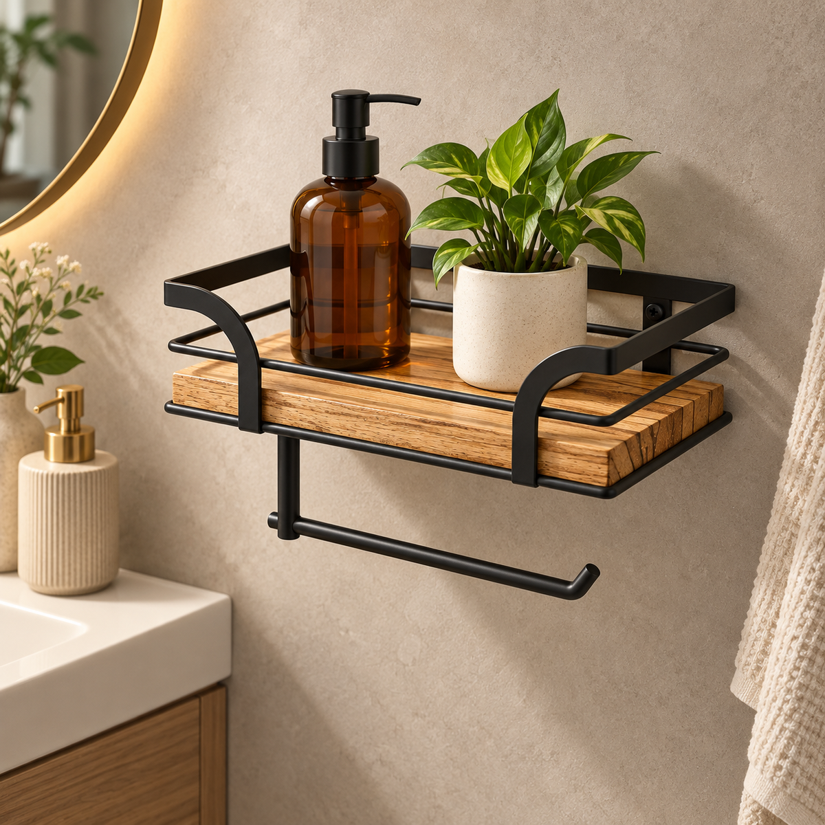 Estante de Baño de Pared de Hierro y Madera con Toallero