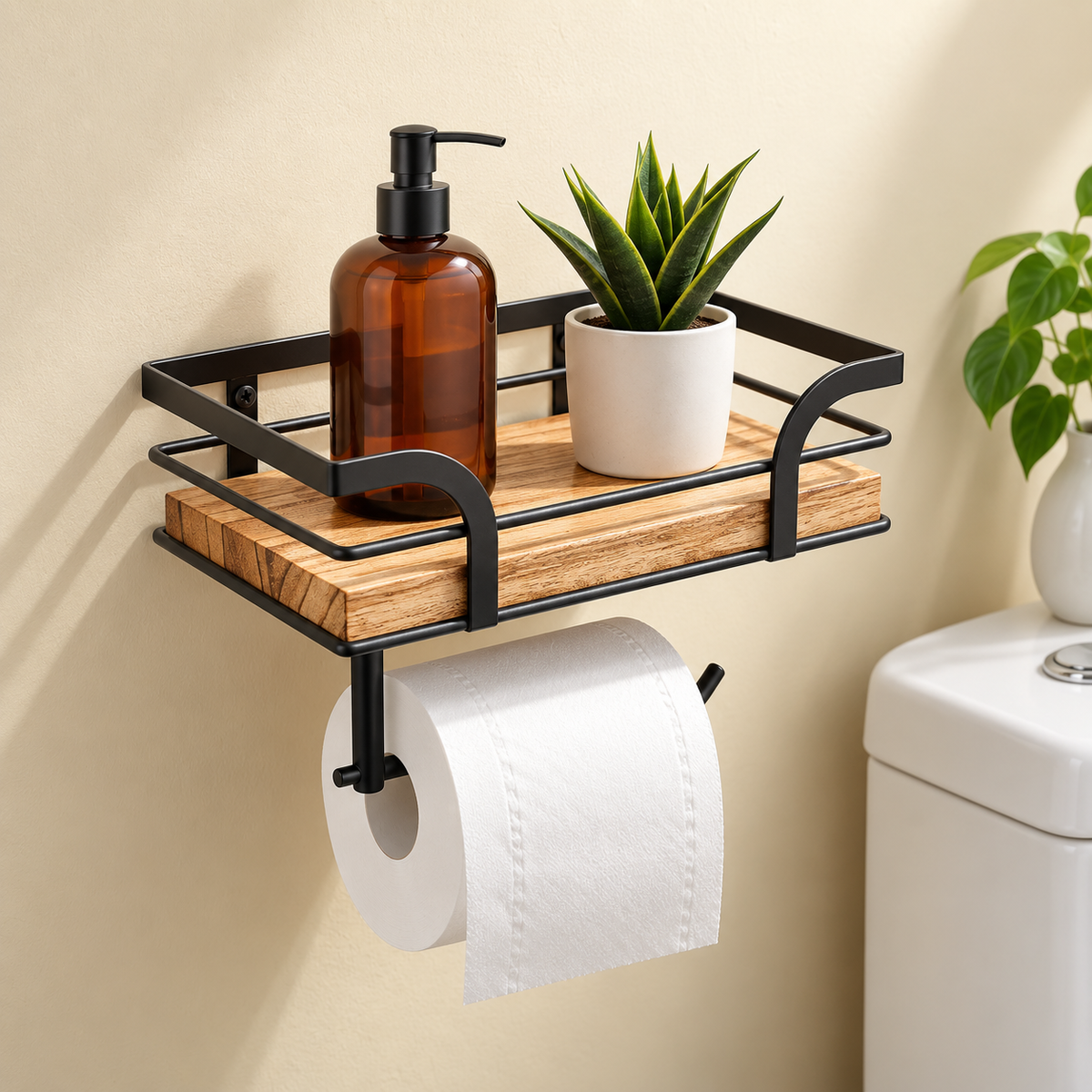 Estante de Baño de Pared de Hierro y Madera con Toallero