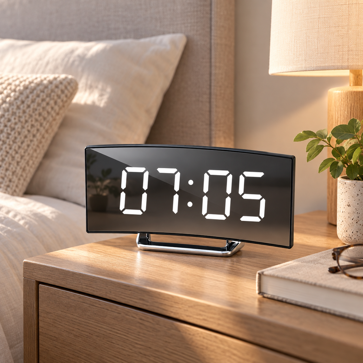 Reloj Despertador Digital con Pantalla Curva LED y Espejo