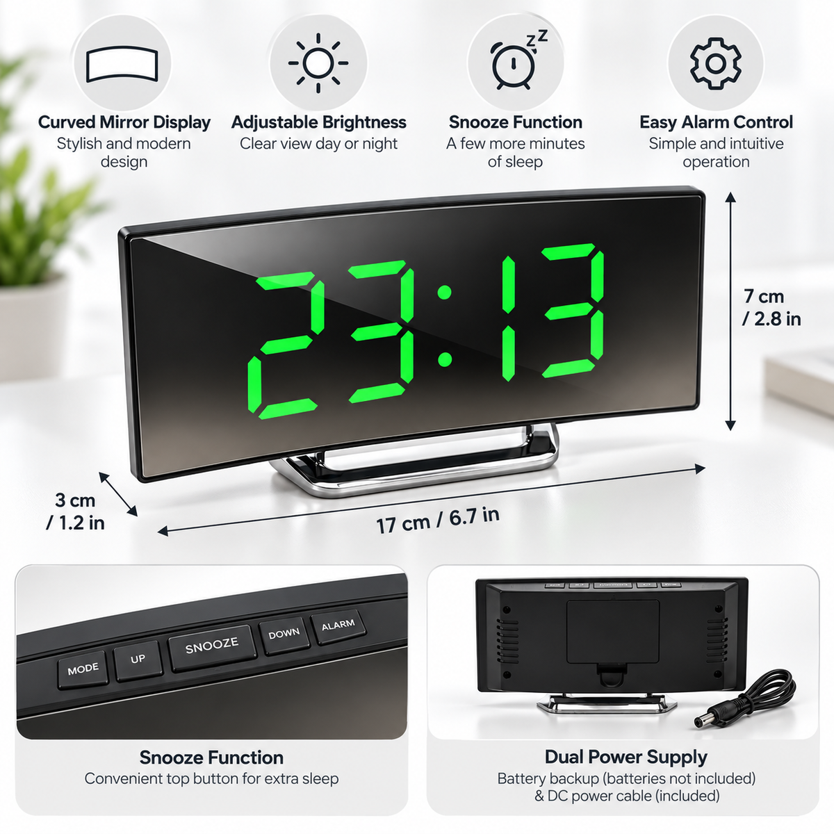 Reloj Despertador Digital con Pantalla Curva LED y Espejo