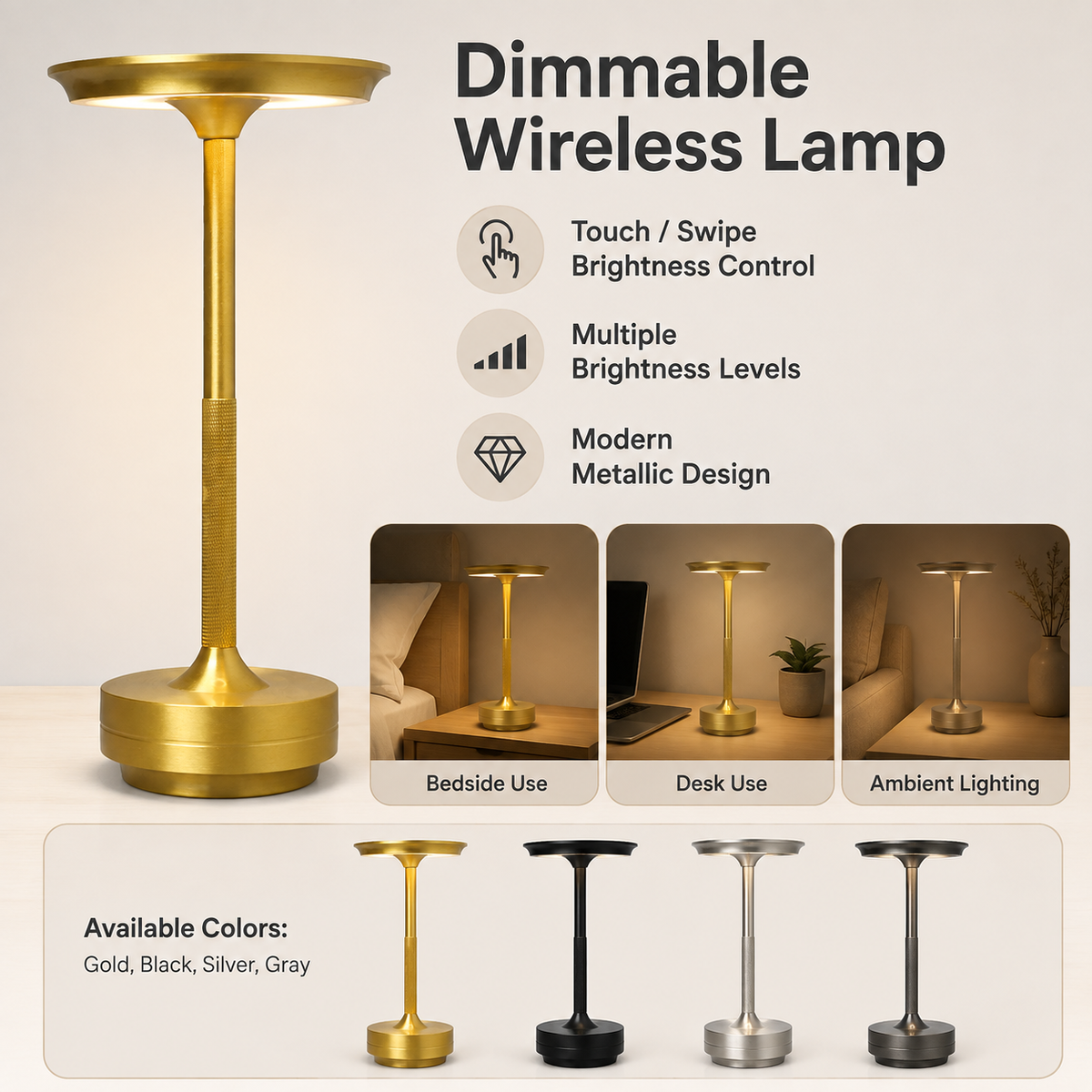 Lámpara de Mesa Inalámbrica Recargable de Metal Regulable