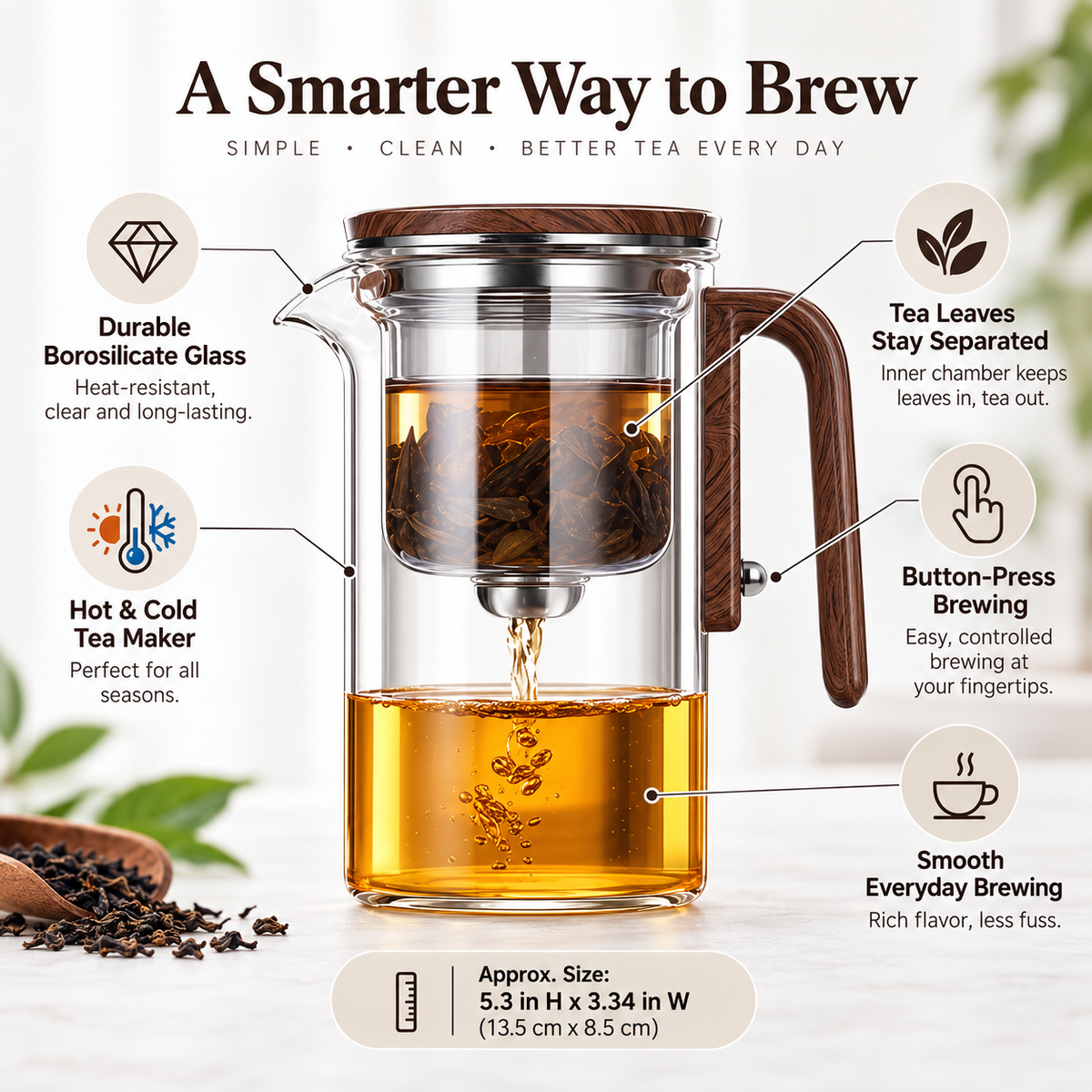 Tetera con Infusor de Vidrio para Té Frío y Caliente en Hoja