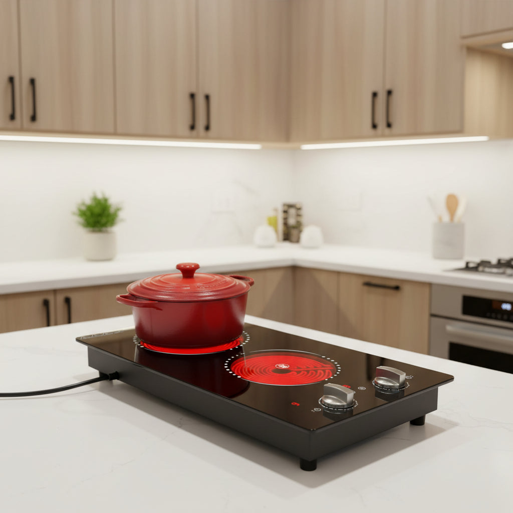 Cocina Eléctrica Portátil de Dos Fuegos con Mandos Compacta