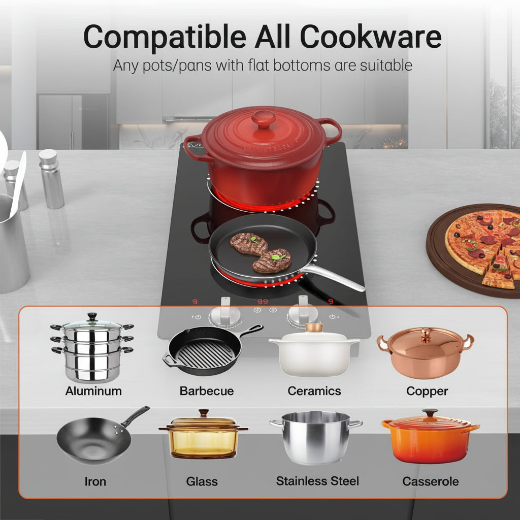 Cocina Eléctrica Portátil de Dos Fuegos con Mandos Compacta