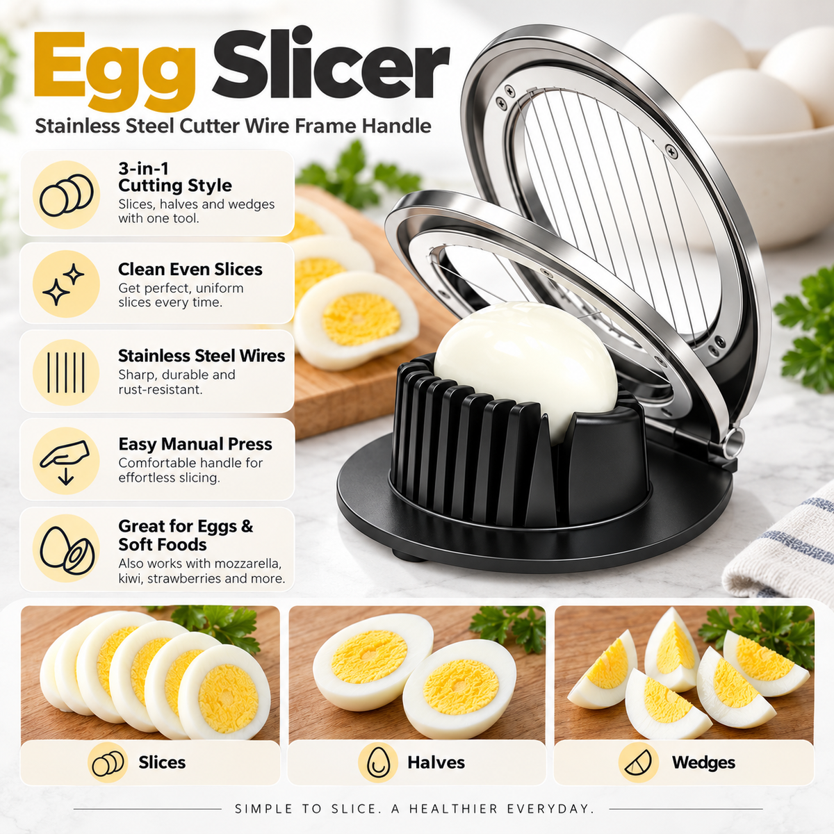 Cortador de Huevos de Acero Inoxidable 3 en 1 con Alambres