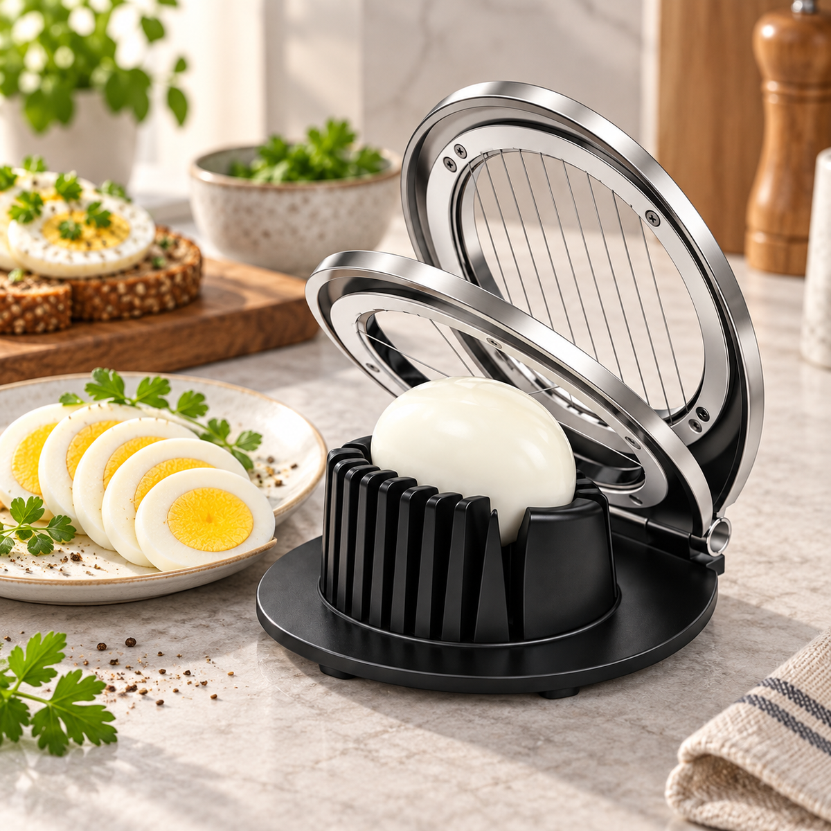Cortador de Huevos de Acero Inoxidable 3 en 1 con Alambres