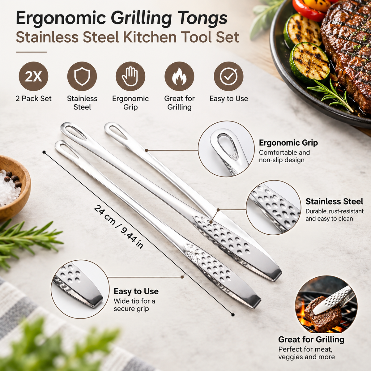Pinzas de Barbacoa de Acero Inoxidable Ergonómicas para Asar