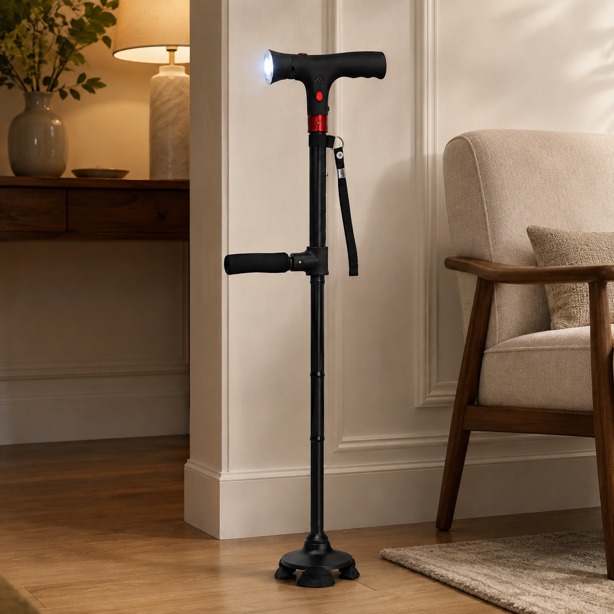 Bastón Ergonómico con Luz LED y Alarma, Altura Ajustable