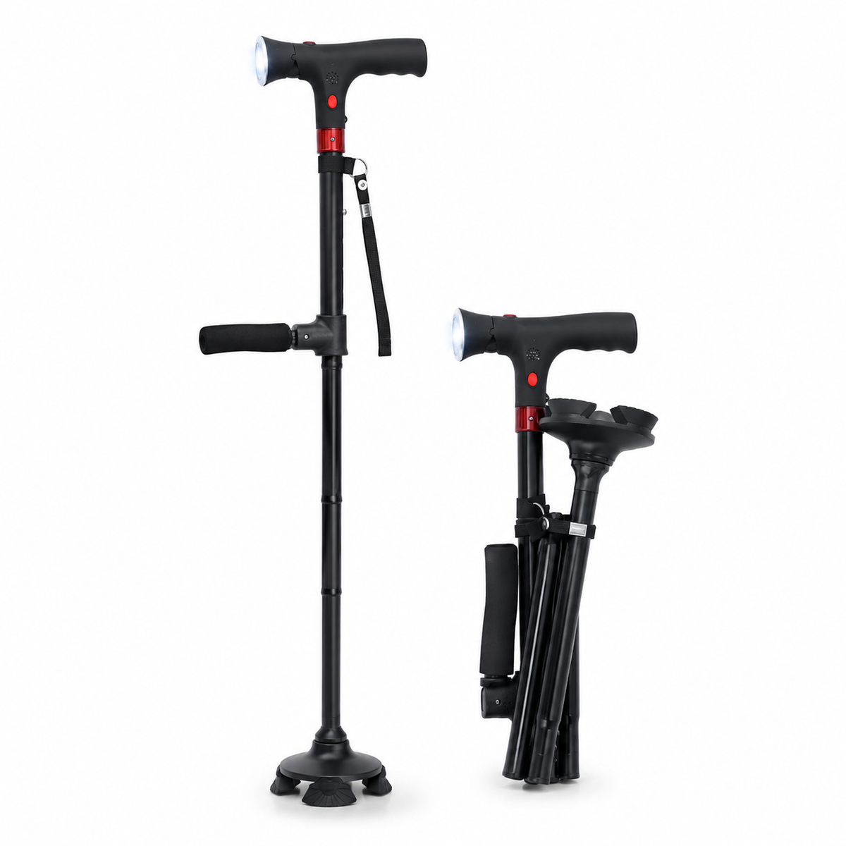 Bastón Ergonómico con Luz LED y Alarma, Altura Ajustable