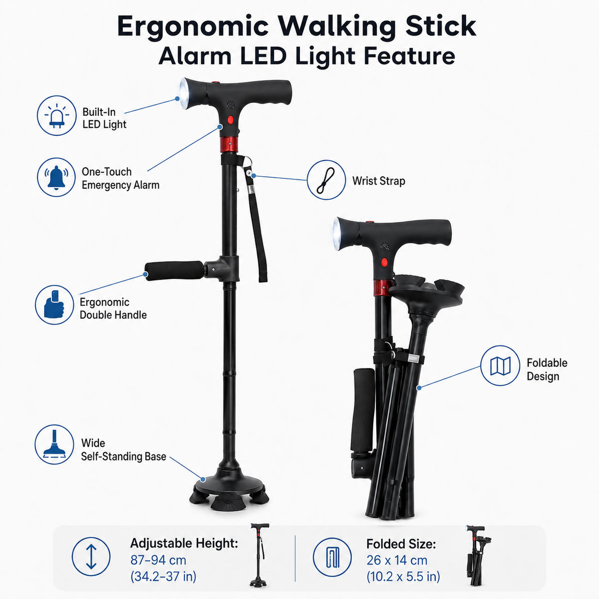 Bastón Ergonómico con Luz LED y Alarma, Altura Ajustable