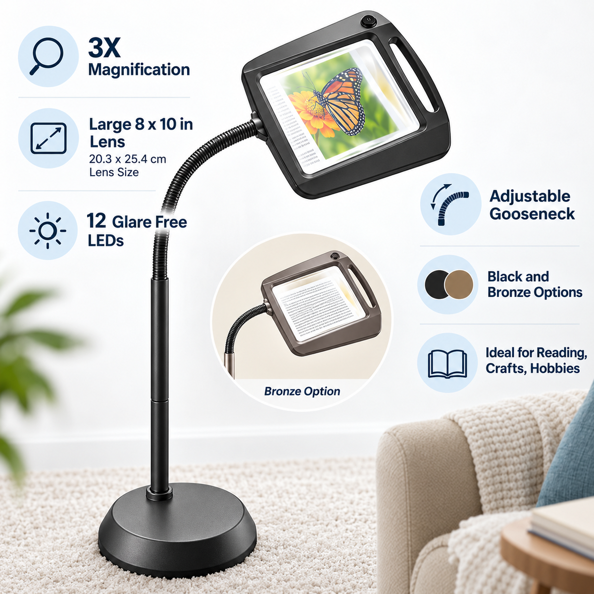 Lámpara de Pie con Lupa Grande 3X, Luz LED, Altura Regulable