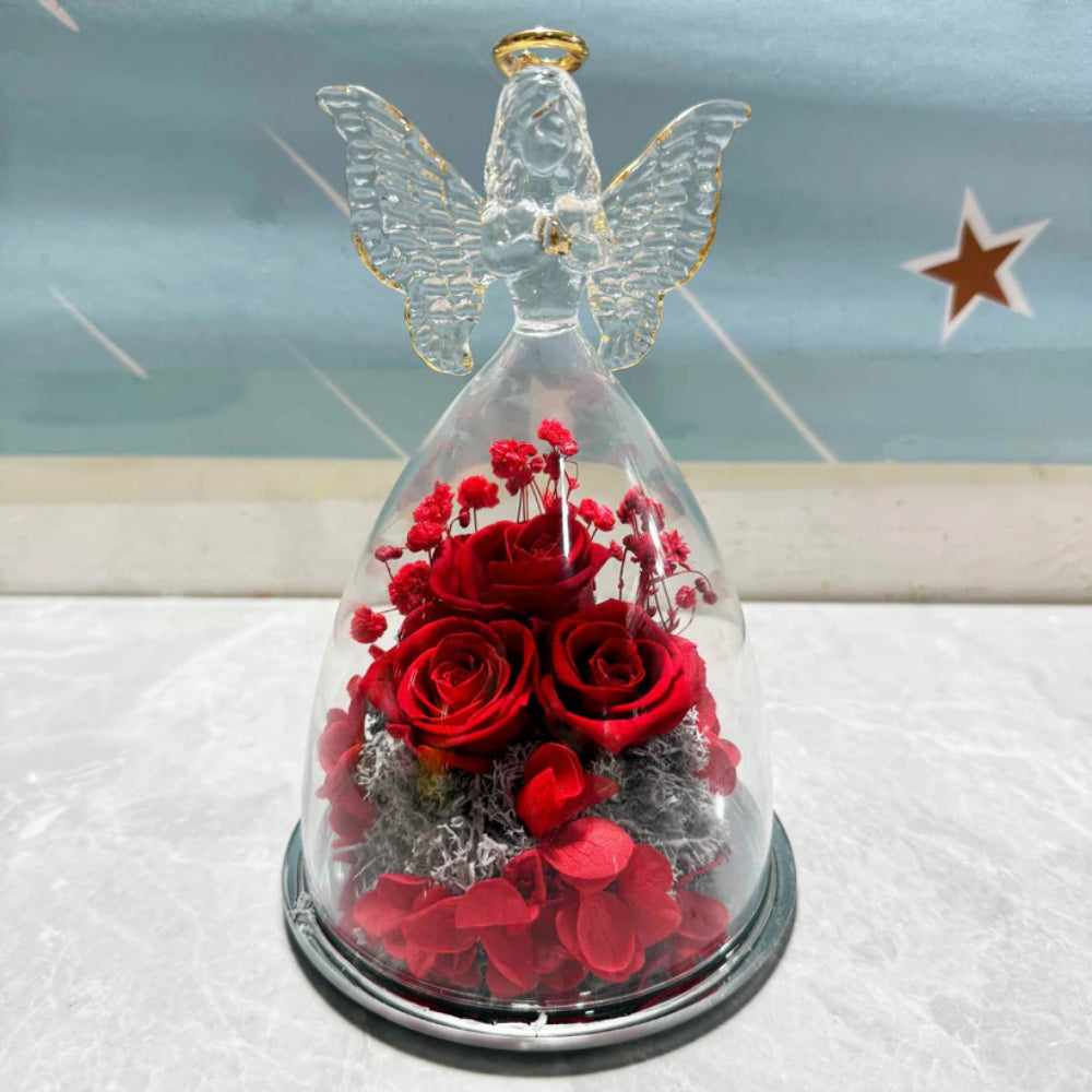 Rosa Preservada en Cúpula de Cristal con Ángel y Luz LED