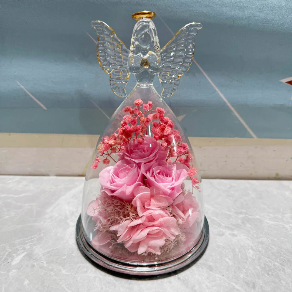 Rosa Preservada en Cúpula de Cristal con Ángel y Luz LED