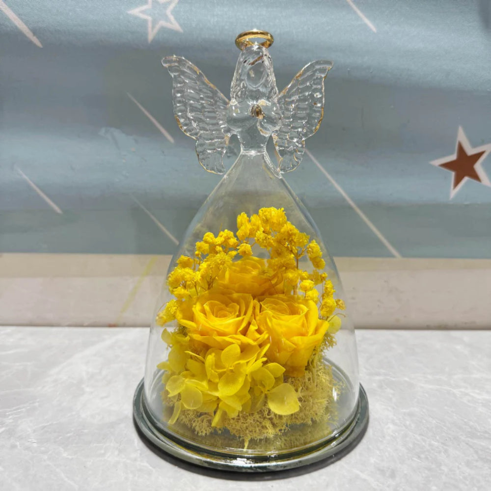 Rosa Preservada en Cúpula de Cristal con Ángel y Luz LED