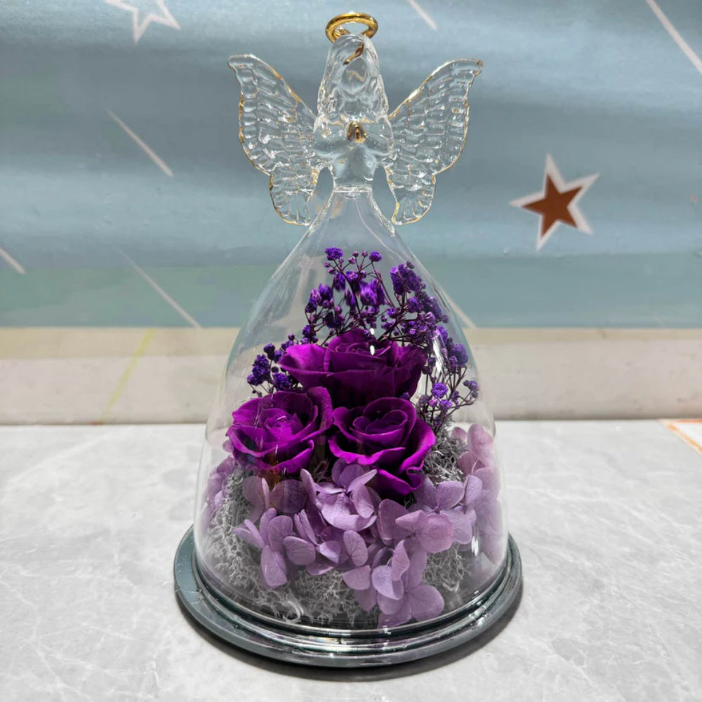 Rosa Preservada en Cúpula de Cristal con Ángel y Luz LED
