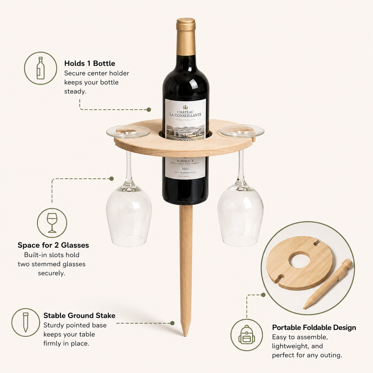 Mesa de Vino Plegable Portátil para Picnic, Playa y Jardín
