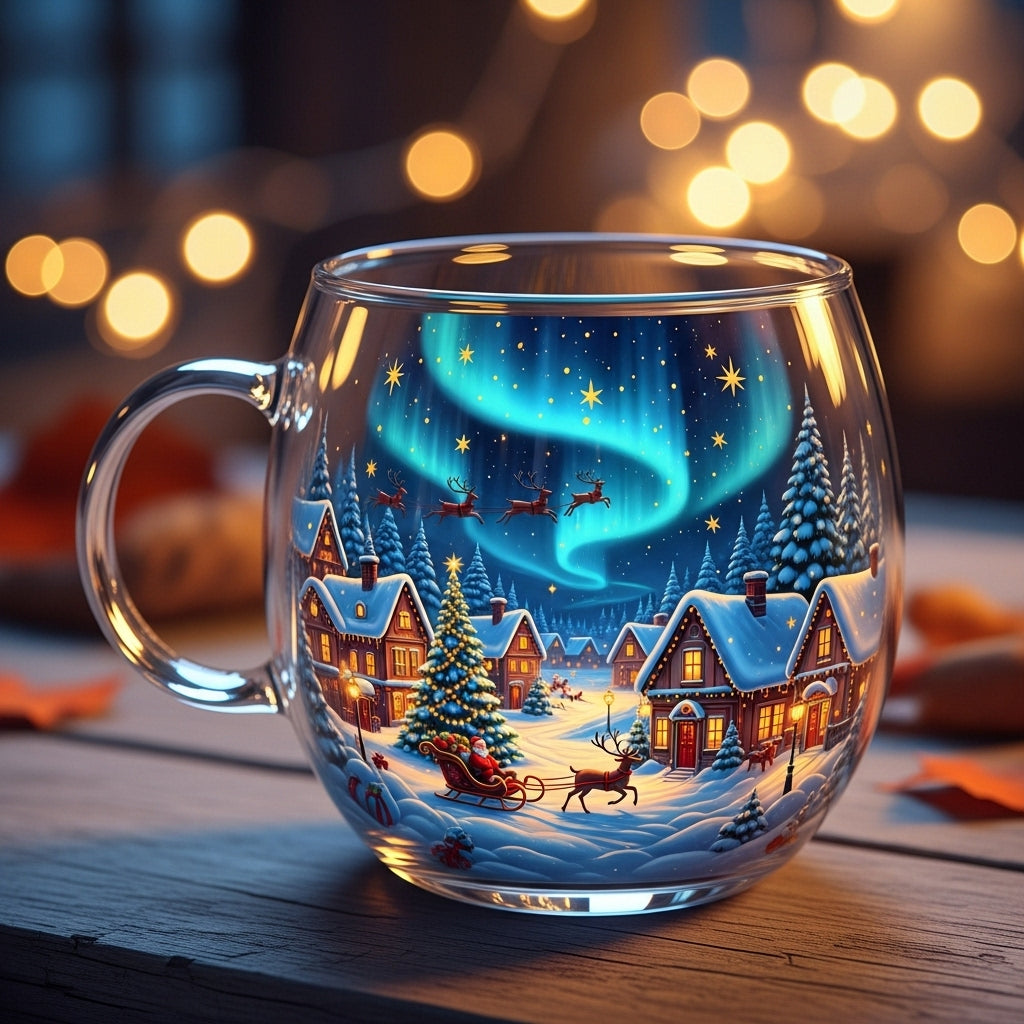 Taza de Cristal Navideña con Motivos de Invierno y Fiestas