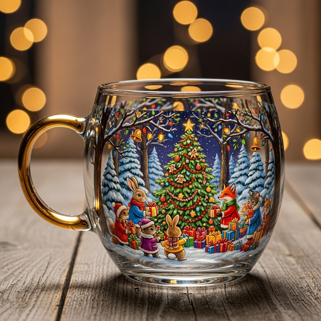 Taza de Cristal Navideña con Motivos de Invierno y Fiestas